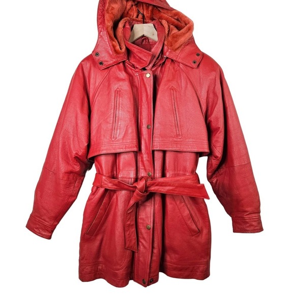 Vintage 80s Leather Belted Jacket Removable Liner S Red‎ Zip Snap Hooded - Picture 1 of 15